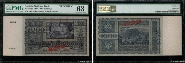 Country : AUSTRIA 
Face Value : 1000 Schilling Spécimen 
Date : 02 janvier 1930 ...