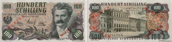 Country : AUSTRIA 
Face Value : 100 Schilling Spécimen 
Date : 01 juillet 1960 
...