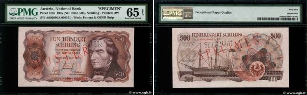 Country : AUSTRIA 
Face Value : 500 Schilling Spécimen 
Date : 01 juillet 1965 
...