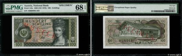 Country : AUSTRIA 
Face Value : 100 Schilling Spécimen 
Date : 02 janvier 1969 
...