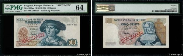 Country : BELGIUM 
Face Value : 500 Francs Spécimen 
Date : (1961) 
Period/Provi...