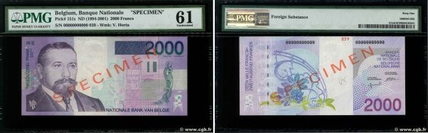 Country : BELGIUM 
Face Value : 2000 Francs Spécimen 
Date : (1994) 
Period/Prov...