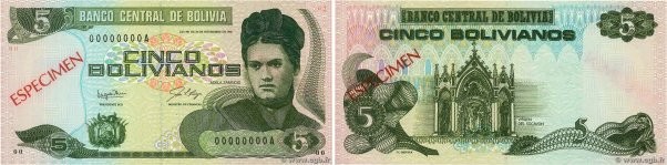Country : BOLIVIA 
Face Value : 5 Bolivianos Spécimen 
Date : (1987) 
Period/Pro...