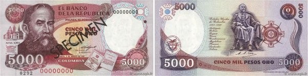 Country : COLOMBIA 
Face Value : 5000 Pesos Oro Spécimen 
Date : 05 août 1987 
P...