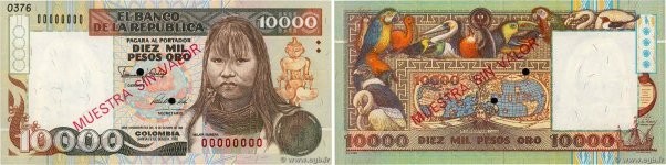 Country : COLOMBIA 
Face Value : 10000 Pesos Oro Spécimen 
Date : 1992 
Period/P...