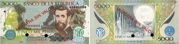 Country : COLOMBIA 
Face Value : 5000 Pesos Oro Spécimen 
Date : 12 octobre 1997...