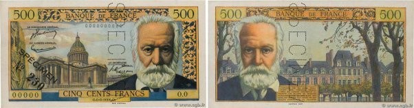 Country : FRANCE 
Face Value : 500 Francs VICTOR HUGO Spécimen 
Date : (1954) 
P...