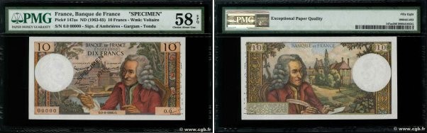 Country : FRANCE 
Face Value : 10 Francs VOLTAIRE Spécimen 
Date : (1963) 
Perio...
