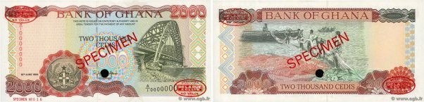 Country : GHANA 
Face Value : 2000 Cedis Spécimen 
Date : 15 juin 1994 
Period/P...