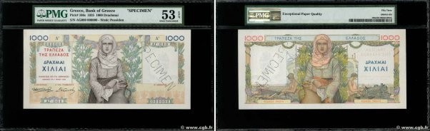 Country : GREECE 
Face Value : 1000 Drachmes Spécimen 
Date : 01 mai 1935 
Perio...