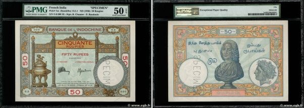 Country : FRENCH INDIA 
Face Value : 50 Roupies - 50 Rupees Spécimen 
Date : (19...