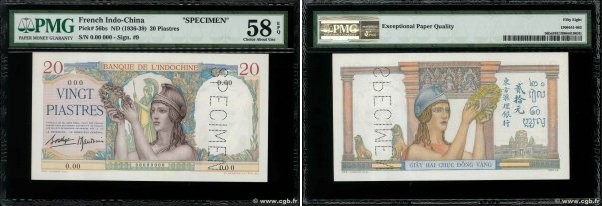Country : FRENCH INDOCHINA 
Face Value : 20 Piastres Spécimen 
Date : (1936-1939...