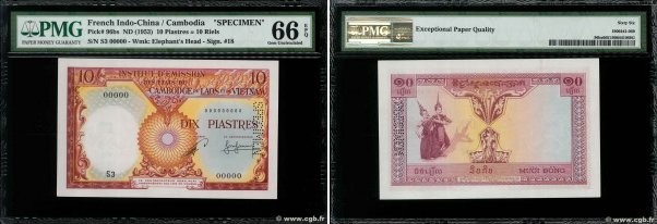 Country : FRENCH INDOCHINA 
Face Value : 10 Piastres - 10 Riels Spécimen 
Date :...