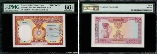 Country : FRENCH INDOCHINA 
Face Value : 10 Piastres - 10 Kip Spécimen 
Date : (...