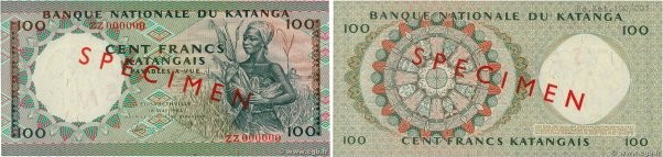 Country : KATANGA 
Face Value : 100 Francs Spécimen 
Date : 18 mai 1962 
Period/...