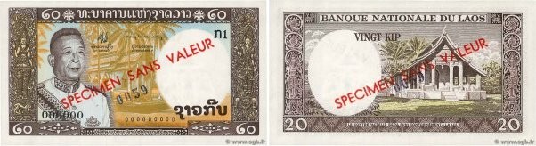 Country : LAOS 
Face Value : 20 Kip Spécimen 
Date : (1963) 
Period/Province/Ban...
