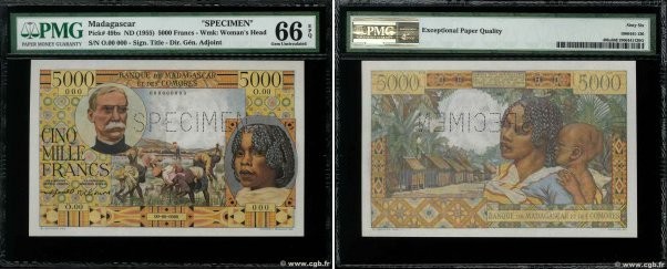 Country : MADAGASCAR 
Face Value : 5000 Francs Spécimen 
Date : (1950) 
Period/P...