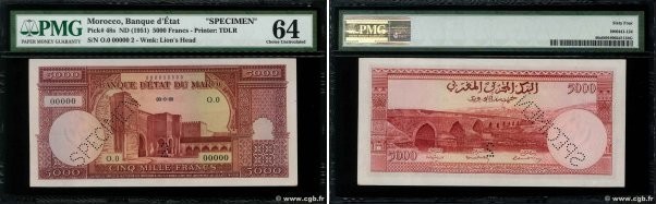 Country : MOROCCO 
Face Value : 5000 Francs Mechouar Rabat non émis Spécimen 
Da...