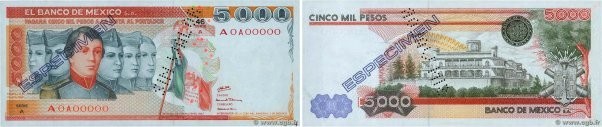 Country : MEXICO 
Face Value : 5000 Pesos Spécimen 
Date : 25 mars 1980 
Period/...