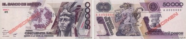 Country : MEXICO 
Face Value : 50000 Pesos Spécimen 
Date : 12 mai 1986 
Period/...