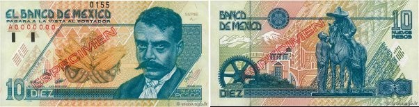Country : MEXICO 
Face Value : 10 Nuevos Pesos Spécimen 
Date : 10 décembre 1992...