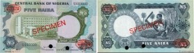 Country : NIGERIA 
Face Value : 5 Naira Spécimen 
Date : (1973-1978) 
Period/Province/Bank : Central Bank of Nigeria 
Catalogue reference : P.16bs 
Al...