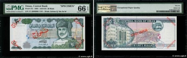 Country : OMAN 
Face Value : 20 Rials Spécimen 
Date : 1995 
Period/Province/Ban...