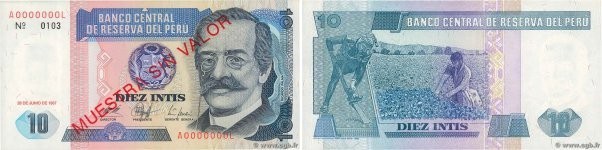 Country : PERU 
Face Value : 10 Intis Spécimen 
Date : 26 juin 1987 
Period/Prov...