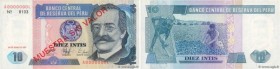 Country : PERU 
Face Value : 10 Intis Spécimen 
Date : 26 juin 1987 
Period/Province/Bank : Banco Central de Reserva Del Peru 
Catalogue reference : P...