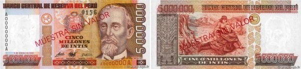 Country : PERU 
Face Value : 5000000 Intis Spécimen 
Date : 05 janvier 1990 
Per...