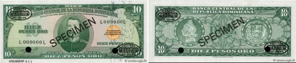 Country : DOMINICAN REPUBLIC 
Face Value : 10 Pesos Oro Spécimen 
Date : (1964-1...