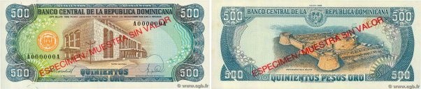 Country : DOMINICAN REPUBLIC 
Face Value : 500 Pesos Oro Spécimen 
Date : 1988 
...