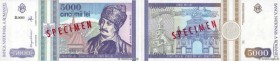 Country : ROMANIA 
Face Value : 5000 Lei Spécimen 
Date : mai 1993 
Period/Province/Bank : Banca Nationala a Romaniei 
Catalogue reference : P.104s 
A...