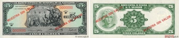 Country : EL SALVADOR 
Face Value : 5 Colones Spécimen 
Date : 04 février 1969 
...