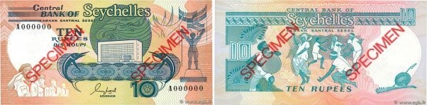 Country : SEYCHELLES 
Face Value : 10 Rupees Spécimen 
Date : (1989) 
Period/Pro...