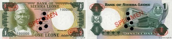 Country : SIERRA LEONE 
Face Value : 1 Leone Spécimen 
Date : 19 avril 1974 
Per...