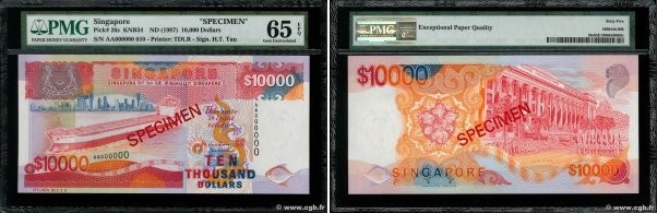 Country : SINGAPORE 
Face Value : 10000 Dollars Spécimen 
Date : (1987) 
Catalog...