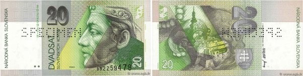 Country : SLOVAKIA 
Face Value : 20 Korun Spécimen 
Date : 01 septembre 1993 
Pe...