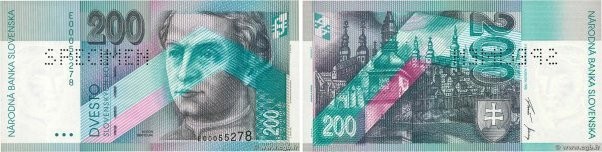 Country : SLOVAKIA 
Face Value : 200 Korun Spécimen 
Date : 01 août 1995 
Period...
