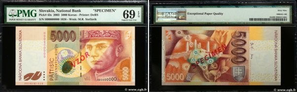 Country : SLOVAKIA 
Face Value : 5000 Korun Spécimen 
Date : 17 novembre 2003 
P...