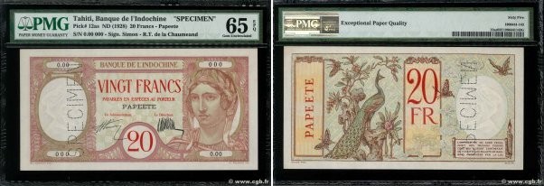 Country : TAHITI 
Face Value : 20 Francs Spécimen 
Date : (1928) 
Period/Provinc...