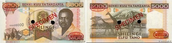 Country : TANZANIA 
Face Value : 5000 Shilingi Spécimen 
Date : (1995) 
Period/P...