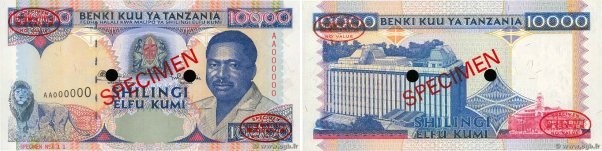 Country : TANZANIA 
Face Value : 10000 Shilingi Spécimen 
Date : (1995) 
Period/...