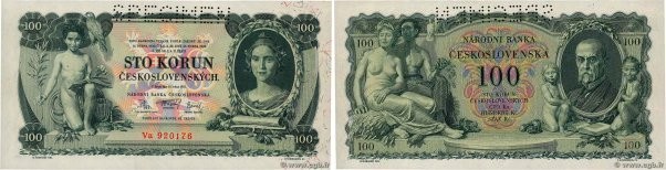 Country : CZECHOSLOVAKIA 
Face Value : 100 Korun Spécimen 
Date : 10 janvier 193...