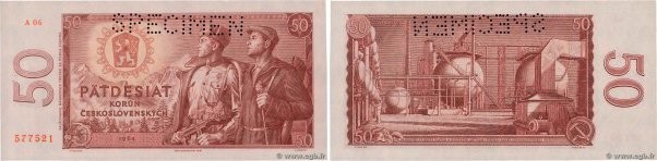 Country : CZECHOSLOVAKIA 
Face Value : 50 Korun Spécimen 
Date : 1964 
Period/Pr...