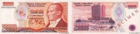 Country : TURKEY 
Face Value : 20000 Lira Spécimen 
Date : (1988) 
Period/Province/Bank : Türkiye Cümhuriyet Merkez Bankasi 
Catalogue reference : P.2...