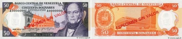 Country : VENEZUELA 
Face Value : 50 Bolivares Spécimen 
Date : 21 novembre 1972...