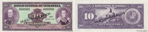 Country : VENEZUELA 
Face Value : 10 Bolivares Spécimen 
Date : 08 décembre 1992...