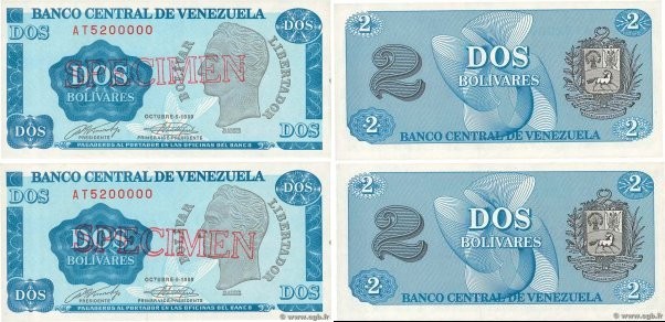 Country : VENEZUELA 
Face Value : 2 Bolivares Spécimen 
Date : 05 octobre 1989 
...