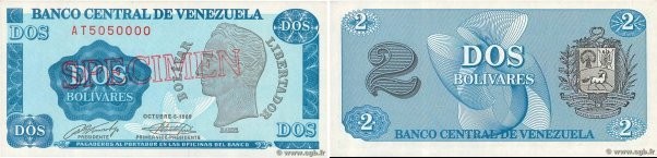 Country : VENEZUELA 
Face Value : 2 Bolivares Spécimen 
Date : 05 octobre 1989 
...